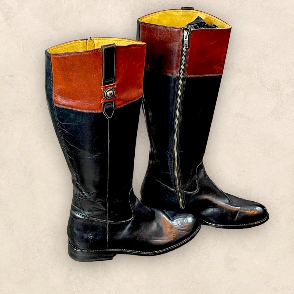 Frye Jayden Tall Button Riding Equestrian boots Black and cognac Extended Calf